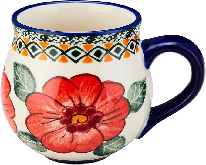 13oz Ceramic Coffee Mug, Hand-Painted Floral Polish Pottery Style Cup, Large Stoneware Tea Mug with Handle, Microwave & Dishwasher Safe (Butterfly and flower B)