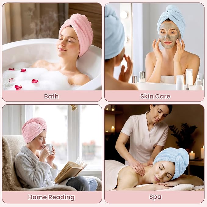 Mandydov 100% Cotton Hair Towel Wrap for Women, 2 Pack Thickened & Super Absorbent Turbans, Anti Frizz Quick Dry Hair Towels (Blue, Light Pink)