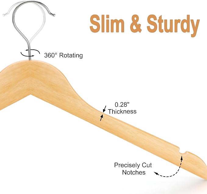 TOPIA HANGER Wooden Hangers 48 Pack, 0.28-inch Slim & Durable Clothes Hangers Space Saving, Natural Wood Hanger with 360°Swivel Hook and Non-Slip Shoulder Notches for Coat,Shirt,Camisole,DressCT51N48