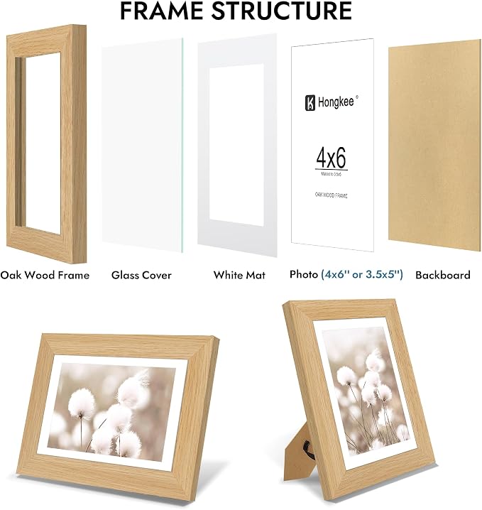 Hongkee 4x6 Oak Wood Picture Frame 1 Pack(Matted 3.5x5), Real Glass Cover | Natural, 4 x 6 Solid Wood Frame for Wall or Tabletop Display - Includes Easel Back, Vertical Hang - Ideal for Home, Office