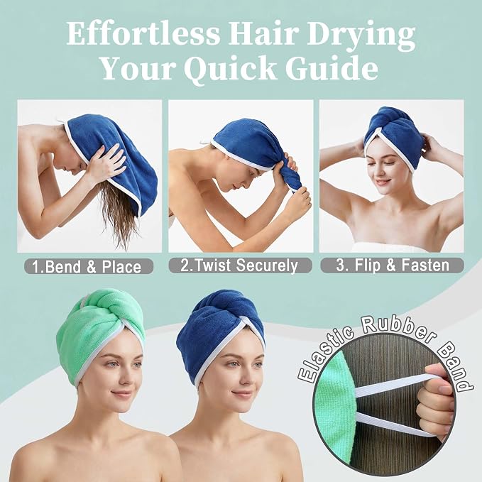VOOVA & MOVAS Green & Navy Microfiber Hair Towel Wrap for Women, 2 Pack Elastic Loop Hair Turban, Ultra Soft Anti Frizz Fast Drying Curly Hair Towel, Highly Absorbent Reduce Heat Damage