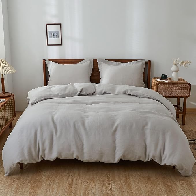 Simple&Opulence 100% Linen Duvet Cover Set, 3 PCS Natural French Flax Light Grey Duvet Cover Queen Size, Breathable Soft Comfy Linen Bedding Comforter Cover with 2 Pillowcases(Light Grey, 88" x 92")