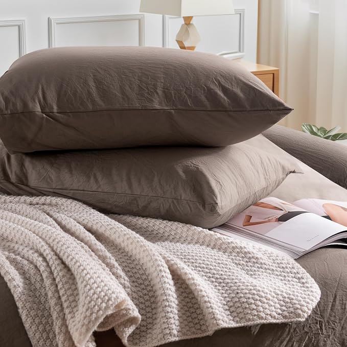 NEXHOME PRO 100% Washed Cotton Duvet Cover Twin Size, Ogranic Natural Linen Feel Breathable Bedding Set with Zipper Closure, 2 Pieces Duvet Cover Set Chocolate (No Comfortert) 6890
