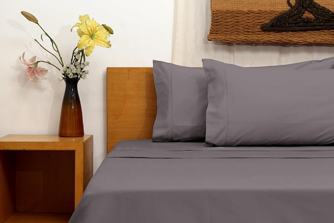 Organic Cotton Long Staple Silky Soft Single Pick Sateen Bed Sheet Set - Luxurious & Premium Hotel Quality - GOTS Certified - Solid Dyed (Dark Grey, Queen (U.S. Standard))