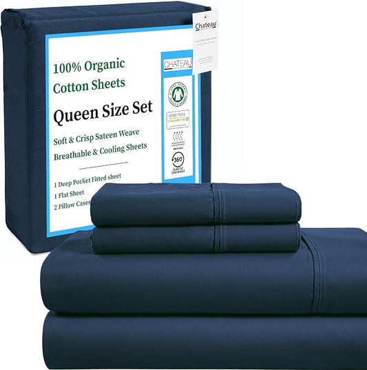 100% Organic Cotton Sheets Queen Size Set, Soft & Comfy Sateen Weave GOTS & OEKO TEX Certiifed 15" Deep Pocket Queen Sheets, Machine Washable Low Pill Soft Breathable Sheet & Pillowcase Sets- Navy