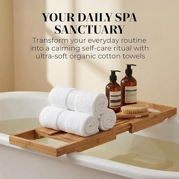 TOWELTIQUE- Organic Cotton Plush Bath Towels Pack of 6 GOTS & Oeko- TEX Certified | Premium Soft, Absorbent & Quick-Drying Towels for Bathroom, Gym, Spa & Hotel Use – White
