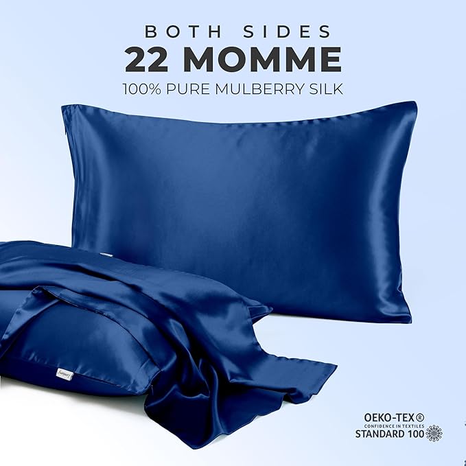 100% Pure Mulberry Silk Pillowcase for Hair and Skin, 6A Grade 22 Momme Silk Pillow Cases with Zipper, Soft Cooling Washable Both Sided Silk Pillow Cover (Navy Blue, King 20''x36’’)