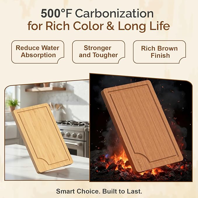 Bamboo Cutting Board Set of 3 for Kitchen – Wooden Chopping Boards with Juice Grooves & Built-In Handles, Durable Food-Safe Bamboo Boards for Meat, Vegetables & Fruits
