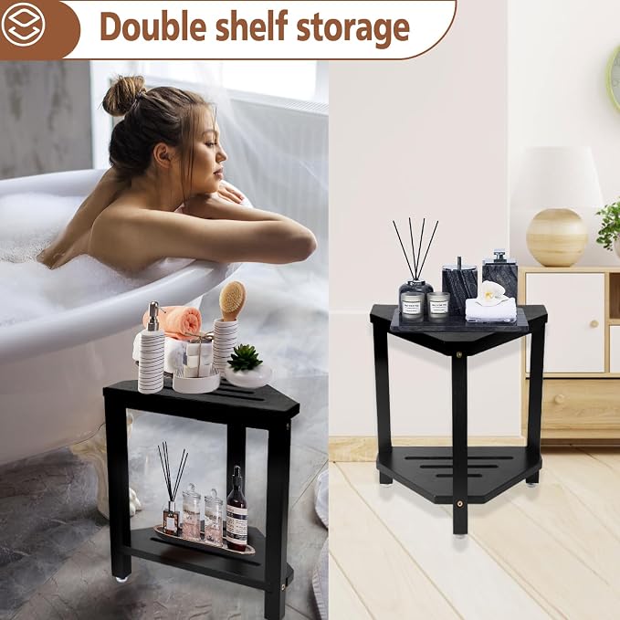 IBosins Corner Shower Stool with Storage Shelf Shower Foot Rest for Shaving Legs Small Bench for Inside Shower to Sit on Bath Seat - Acacia Wood, Black,16in