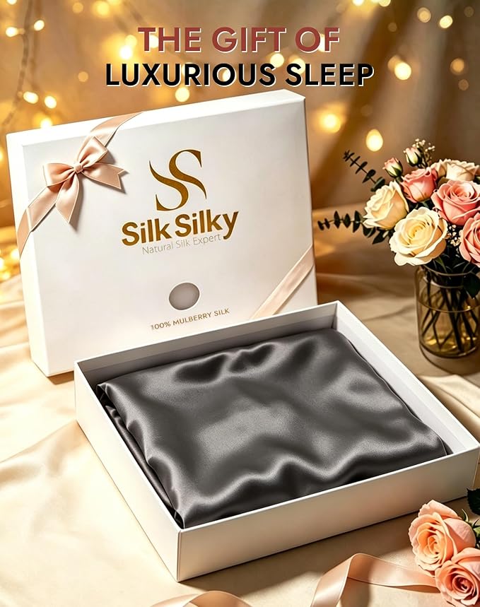SilkSilky Luxury 30 Momme 100% Pure Organic Mulberry Silk Pillowcase for Hair & Skin, Grade 6A+ Silk Pillow Cases with Hidden Zipper, Cooling Silk for Deep Sleep (Queen 20''x30'', Darkgray)