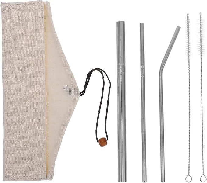 Stainless Steel Bent and Straight Reusable Straws Set with Cleaning Brushes and Storage Pouch, Gold-plated Thick Wide Metal Smoothies Straws for Travel and Home, 6pcs Silver Kit
