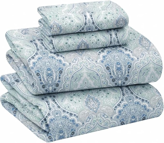 Briarwood Home® Printed Flannel Sheet Set, 100% Natural Cotton, Soft, Warm & Deep Pocket, Advanced Nano-Tech Making it Resistance to Pilling; Brushed 6 Times for Softness (Damask Navy, Twin)