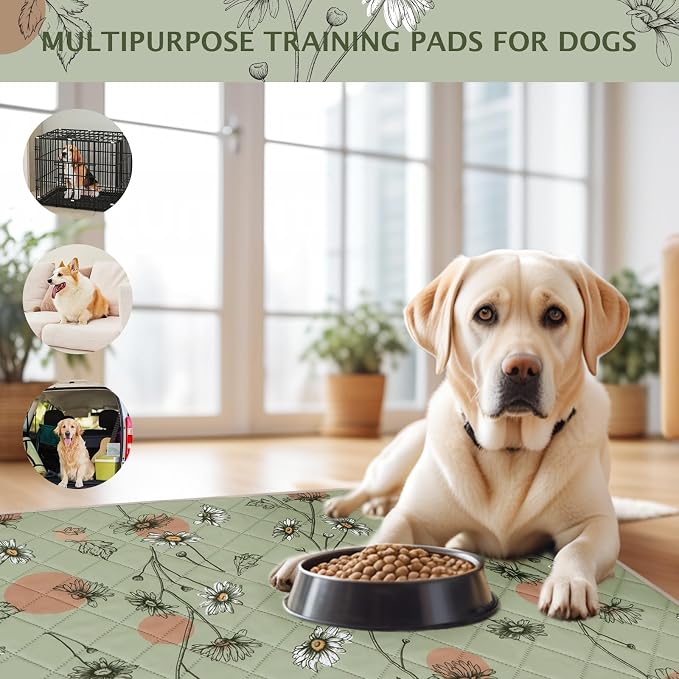 IEUUMLER Washable Pee Pads for Dogs, 2 Pack Non-Slip & Waterproof Pack Whelping Pad, Reusable Washable Puppy Potty Training Pad with Fast Absorbent for Playpen EU007 (Grass Green Daisy, 36"X41"-2pcs)