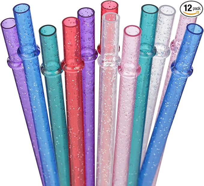 Dakoufish 11 inch glitter clear 12 piece reusable straw replacement plastic straw for 16 oz 18oz 20 oz 24 oz 30 oz yeti,stanley,tumblers starbucks straws plus one cleaning brush (6 color,11 inch)