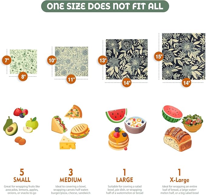 Akeeko Reusable Beeswax Food Wraps - Assorted 9 Packs, Reusable, Plastic-Free Food Storage, 5 Small, 2 Medium, 1 Large, 1 Extra Large Wraps with Flower and Birds Pattern