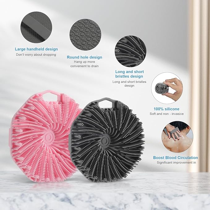 2Pcs Silicone Body Scrubber,Exfoliating Body Scrubbers for use in Shower,Silicone Body Brush for Showering and Anti-Slippery Handles for All Skin Types,Eco Friendly Shower Scrubber for Body (Black)