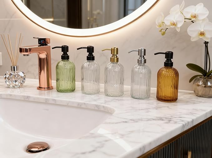 Glass Soap Dispensers for Kitchen and Bathroom, 16oz Heavey Glass Bottle, Stainless Steel Brushed Nickel Pump,Clear Farmhouse Bathroom Soap Dispenser,2 Packs