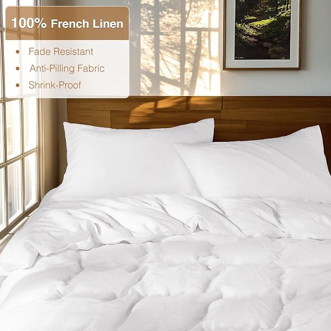 SONORO KATE 100% French Linen Duvet Cover Queen Size, Soft Breathable for Hot Sleepers, Moisture Wicking & Durable Cover Set - Zipper Closure & 4 Corner Ties Duvet Covers 3 Piece (White,Queen)