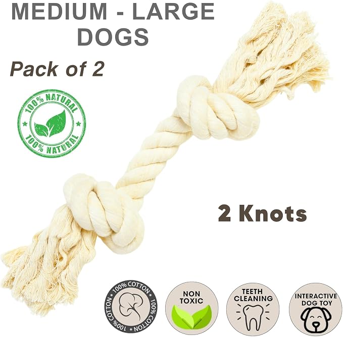 Dog Rope Toys for Large/Medium Aggressive Chewers, Tough Cotton Chew Toy, 39 Inch 5 Knots Indestructible, Tug of War Dog Pull Rope Teeth Cleaning (2 Knots (Pack of 2))