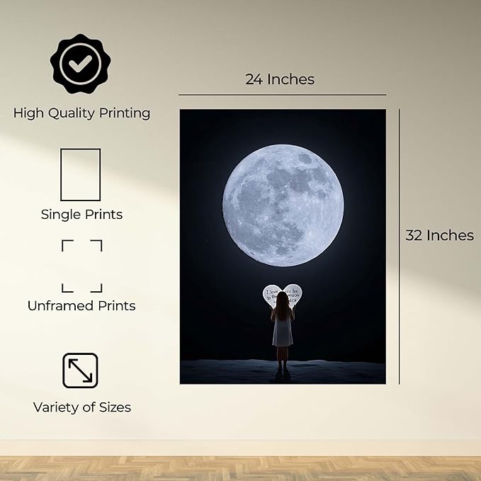 InkFlow Posters Moon and Heart Typography Poster - Romantic Night Sky Illustration - Modern Love Wall Art for Bedroom, Living Room, Home - 24x32 Unframed Canvas Print