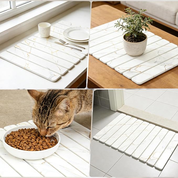 2 PCS White Marble Dish Drying Mat for Kitchen Counter, Diatomaceous Earth Stone Drying Mat, Foldable Quick-Dry Placemat Dishes Cups Utensils, stone drying mat for kitchen counter（20"×14" & 8"x4"）