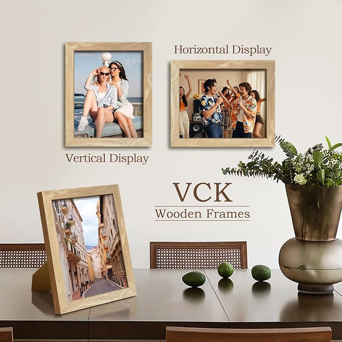VCK 8.5 by 11 Picture Frame Set of 3, Natural Solid Wood Beige Frame with Exclusive Wood Grain, Tabletop Display & Wall Mounting for Home Deco