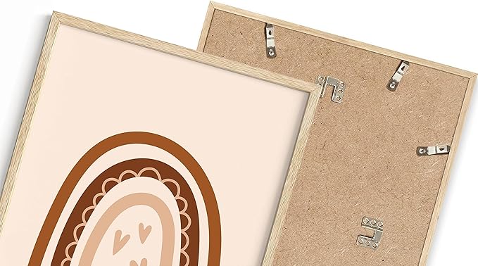Boho Nursery Rainbow Wall Art with Hearts Earth Tones Terracotta Brown Scandi Minimalist Style 11x14 Inch Oak Wood Beige Framed Playroom Decor Print for Kids Room