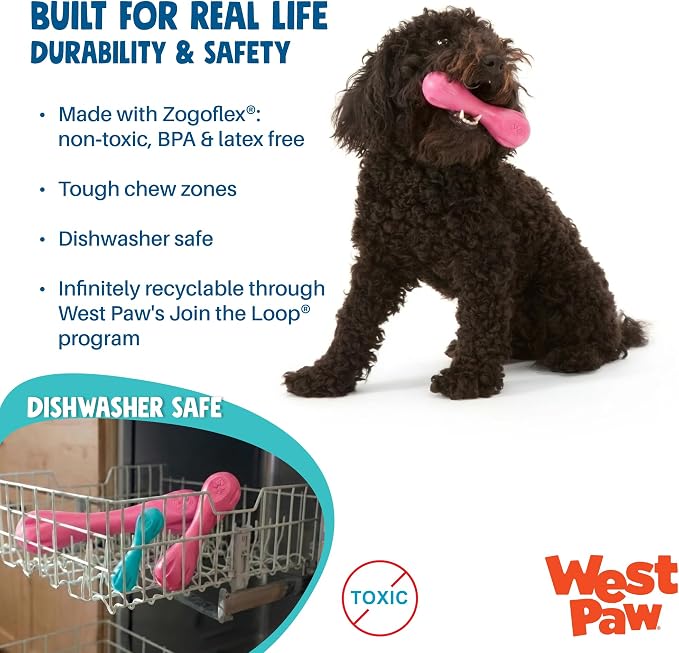 WEST PAW Zogoflex Hurley Dog Bone Chew Toy – Floatable Pet Toys for Aggressive Chewers, Catch, Fetch – Bright-Colored Bones for Dogs – Recyclable, Dishwasher-Safe, Non-Toxic, Large, Teal