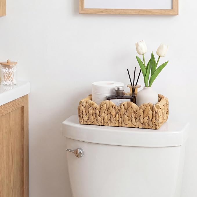 StorageWorks Toilet Paper Basket 2 Pack, Back of Toilet Basket with Wooden Handles, Small Wicker Decorative Scalloped Baskets for Organizing, Living Room Storage, Natural Water Hyacinth