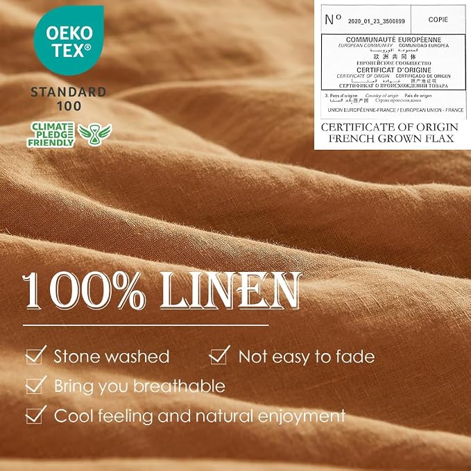 Simple&Opulence 100% Linen Duvet Cover Set 3pcs Basic Style Natural French Washed Flax Solid Color Soft Breathable Farmhouse Bedding with Button Closure - Rust, Full