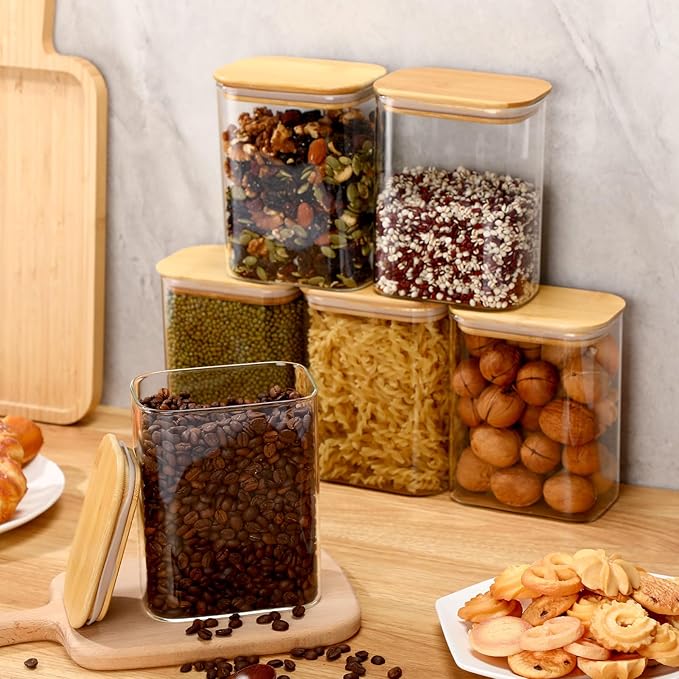 Suclain 6 Pcs 37 oz Rectangle Glass Jars with Bamboo Lids Airtight Food Storage Containers Coffee Containers for Countertop Pantry Storage Kitchen Jars for Sugar Spice Cookie Rice Flour Pasta Candy