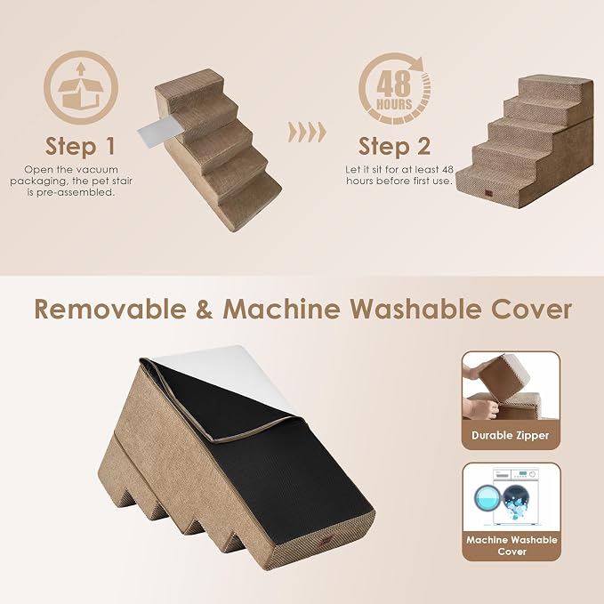 EHEYCIGA Dog Stairs for High Bed 25" H, 5-Step Extra Wide Dog Steps for Bed, Pet Steps for Small Dogs and Cats, Non-Slip Balanced Pet Ramp Indoor, Camel