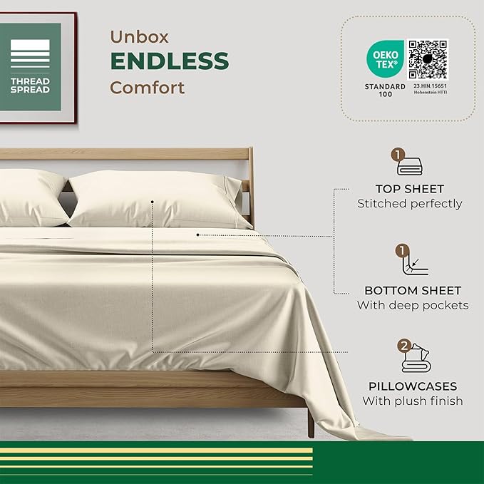 THREAD SPREAD 100% Organic Cotton Sheets Queen Size - 4 PC Organic Cotton Queen Percale Size Weave Sheet Set, Soft, Cooling, Crisp & Breathable, 16" Deep Pocket Hotel Quality Bedding Set - Ivory