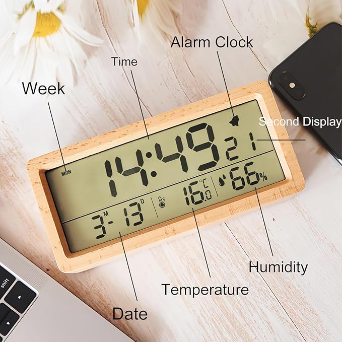 Electronic Wooden Alarm Clock with LCD Large Display Temperature Humidity Soft Nightlight Date Week 12/24 Hour Switch Snooze Mode Easy to Use for Students Office