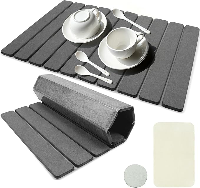 Large Stone Dish Drying Mat for Kitchen Counter, 24"×16" Absorbent Foldable Water Absorbing Mat, Diatomaceous Earth Quick Drying Pad for Dishes Bottles, Cups and Utensils, Dark Gray