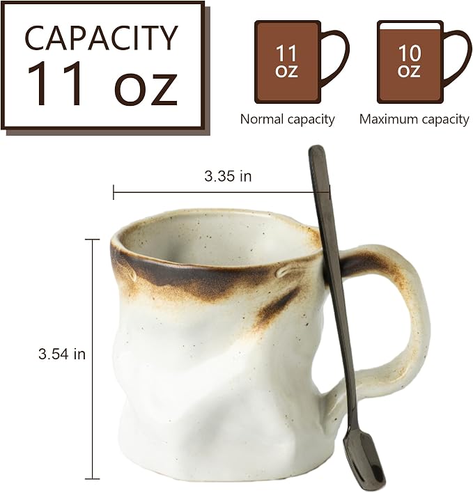 Handmade Ceramic Coffee Mugs, Mugs with Spoon, 11oz, Handmade Pottery Mug with Handle, Hand-painting, Unique Uneven Surface Tea cups, Dishwasher and Microwave Safe (White)