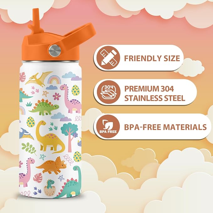 16 oz Water Bottle with Straw Lid, 2 Pack Set, Dinosaur Unicorn Gifts for Boys Girls, Stainless Steel Insulated Water Bottles for School Travel Outdoor Sports, Cute Cups Birthday Gifts