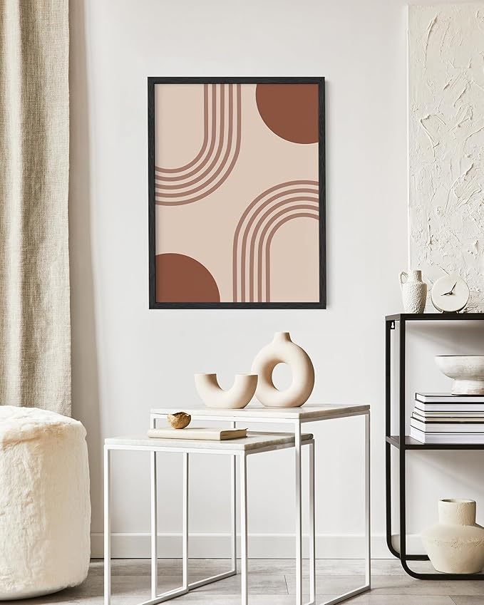 Zen Stacked Stones Wall Art Minimalist Organic Circles Earth Tones Terracotta Mid Century Modern 16x20 Inch Oak Wood Black Framed Meditation Yoga Room Decor Print