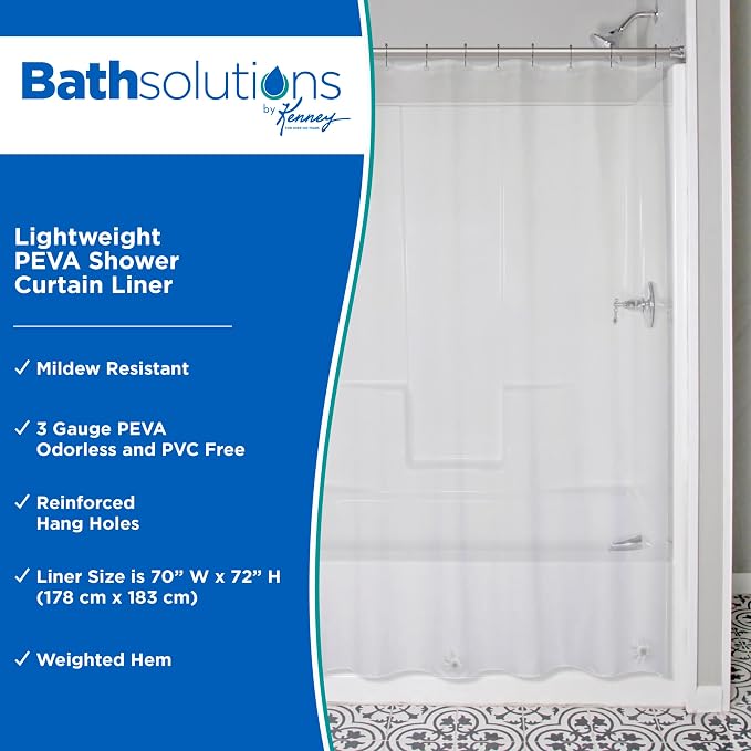 Kenney KN61433 Lightweight 3 Gauge Waterproof PEVA Shower Curtain Liner with Durable Eyelet Hang Holes and Weighted Magnetic Hem for Bathroom, 70" W x 72" H, Clear, 1-Pack