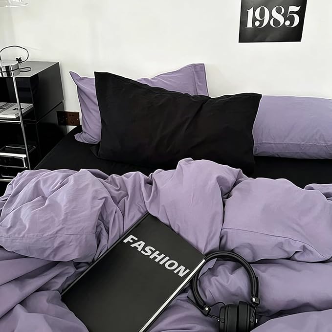 mixinni Solid Purple Duvet Cover Set Queen Size - 100% Washed Cotton 3-Piece Minimalist Bedding Set, Ultra Soft Breathable Solid Color Purple Comforter Cover with Zipper & Corner Ties, Queen Size
