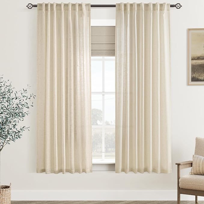 Faux Linen Beige Curtains 63 inches Long for Living Room Rustic Farmhouse Linen Drapes Semi Sheer Burlap Textured Canvas Cloth Curtain Panels Set of 2 Kahki Tan Colored