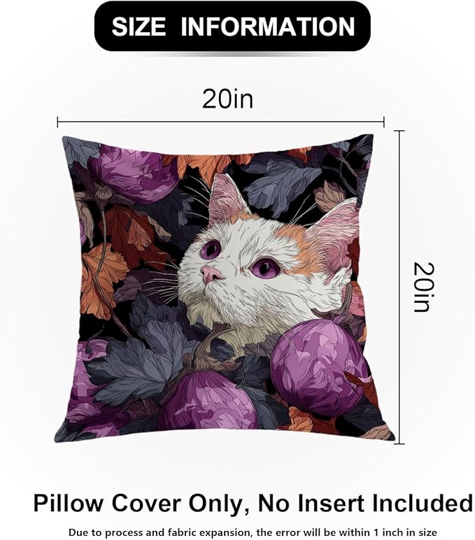 Shrahala Cute Cat Decorative Throw Pillow Cover, Cat Among Purple Fruits Square Pillowcase Blended Double-Sided No Inserts for Bedroom Living Room Set of 2 (20 x 20 in)
