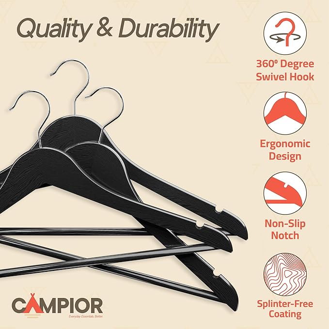 Black Wooden Hangers 80 Pack – Heavy-Duty with 360° Swivel Hook, Non-Slip, Pants Bar & Shoulder Grooves - Wooden Hangers for Suits, Jackets, Dresses & Camisoles, Space-Saving and Smooth Finish