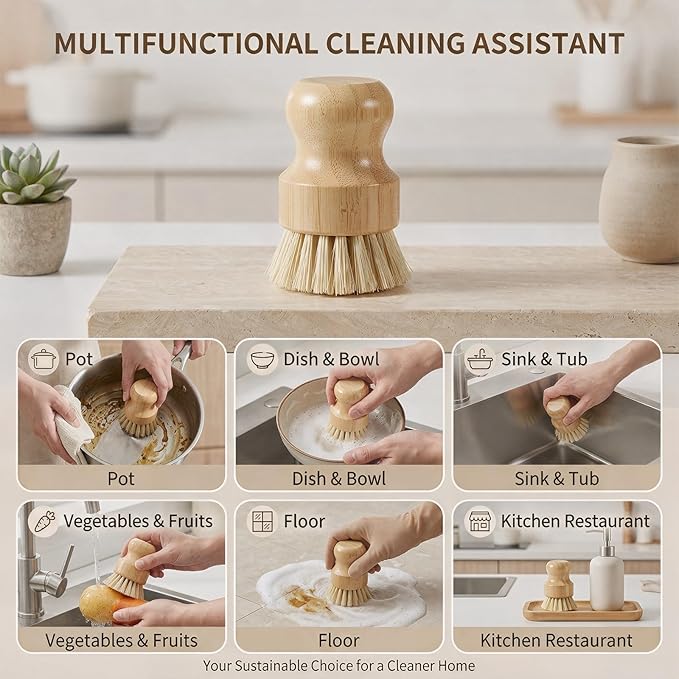 6 Pcs Bamboo Dish Brush, Wooden Kitchen Dish Brushes Natural Sisal Bristle Scrubber for Pots, Pans, Bowls, Dishes Cleaning