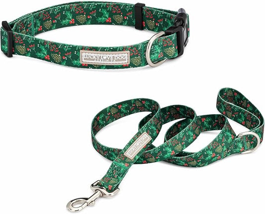 Lucky Love Dog - Easy Click Holly Dog Collar with Leash Set Combo, Durable & Comfortable for Male & Female Dogs, Pet Collar for Small Dogs, Secure Fit - Holly Combo, XS