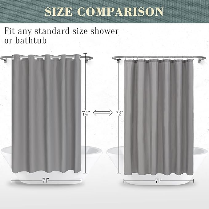 No Hook PEVA Shower Curtain or Liner - 8G Heavy Duty Grey Bathroom Shower Curtain No Hooks Required, Waterproof Plastic & PVC Free, Standard Size 71 x 74, Dark Gray