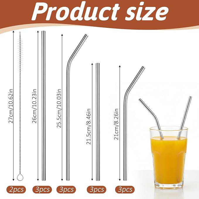 12 Pack Reusable Stainless Steel Straws with 2 Cleaning Brushes, 4 Sizes | Straight & Bent Short Metal Straws, Metal Drinking Straw for Coffee Mugs, Small Glasses or Cups