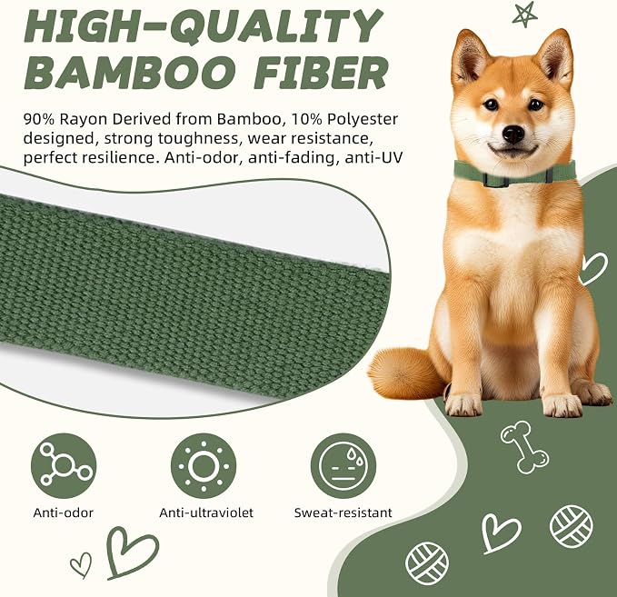 Olive Green Medium Dog Collar, Adjustable Rayon Derived from Bamboo & Polyester, Quick Release Buckle, for Small/Medium Dogs