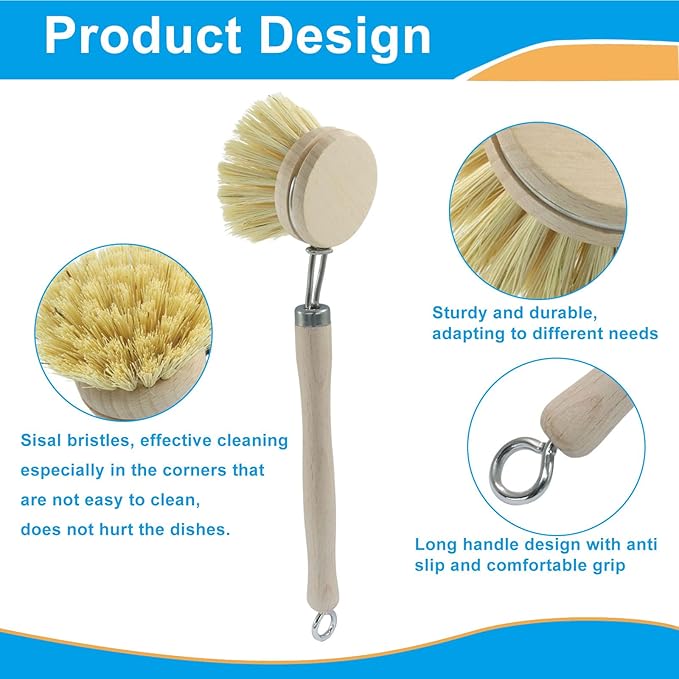 Murtenze Dish Brush with Wooden Handle, Sisal Bristles Brush with 2 Replacement Heads, Natural Wood Dish Scrubber for Washing and Cleaning Pots and Pans (Ring Type)
