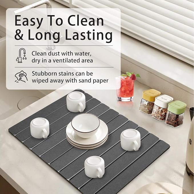 Large Stone Dish Drying Mat for Kitchen Counter, 24"×16" Absorbent Foldable Water Absorbing Mat, Diatomaceous Earth Quick Drying Pad for Dishes Bottles, Cups and Utensils, Dark Gray